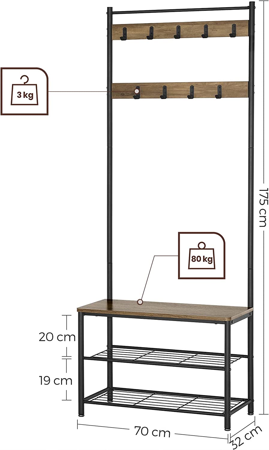 Wooden Coat Rack with Shelves & Hooks by VASAGLE - Homyspire