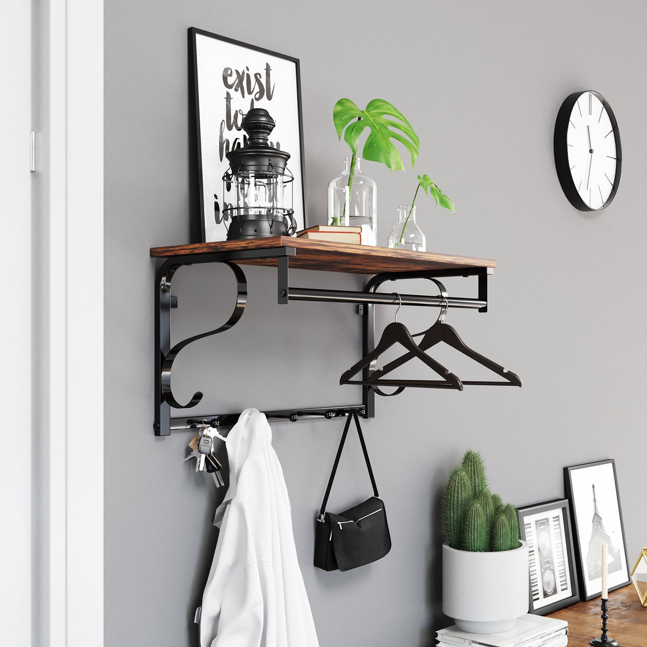 VASAGLE Wall Mounted Coat Rack With Shelf 5 Metal Hooks and Upper Shelf