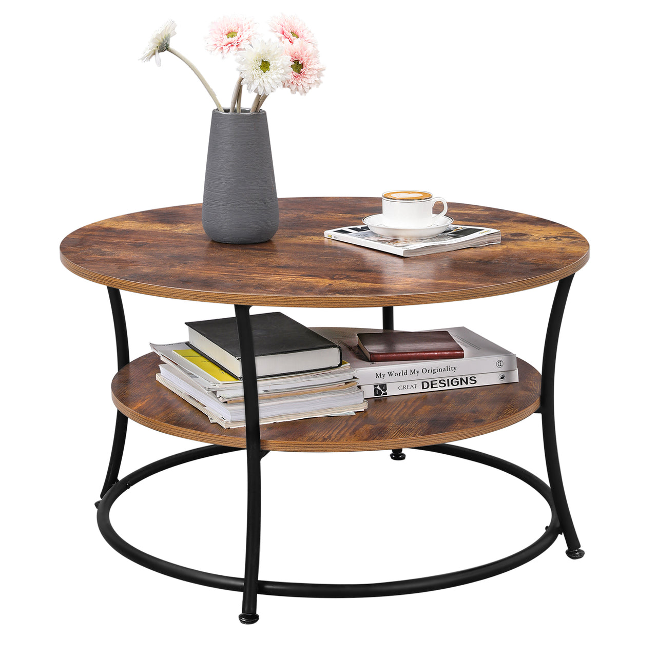 VASAGLE Coffee Table, Round Cocktail Table with Shelf, Tea Table, Easy Assembly, Metal, Industrial Design, Rustic Brown LCT80BX