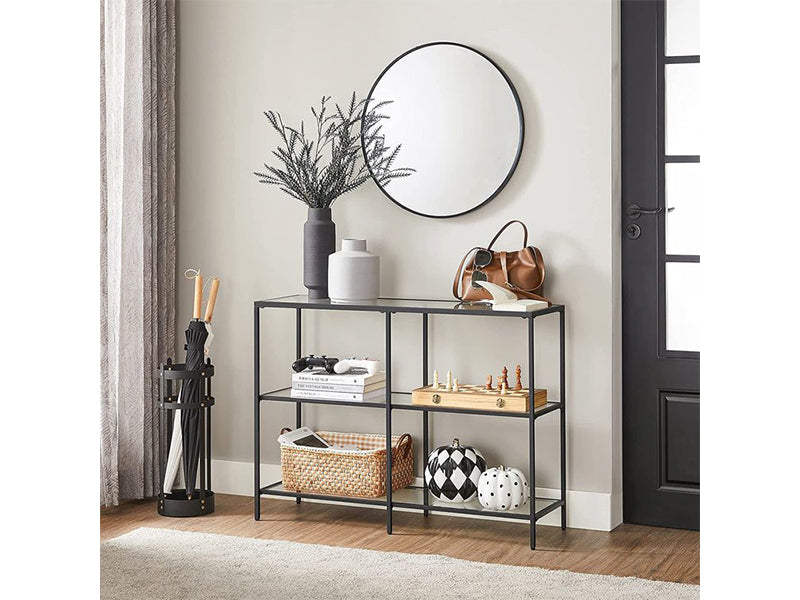 VASAGLE Black Frame Glass Console Table with Shelves - Homyspire