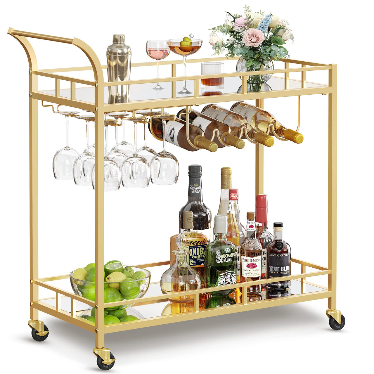 Vasagle Bar Cart Gold, Home Bar Serving Cart, Wine Cart with 2 Mirrored Shelves, Wine Holders, Glass Holders, for Kitchen, Dining Room, Gold