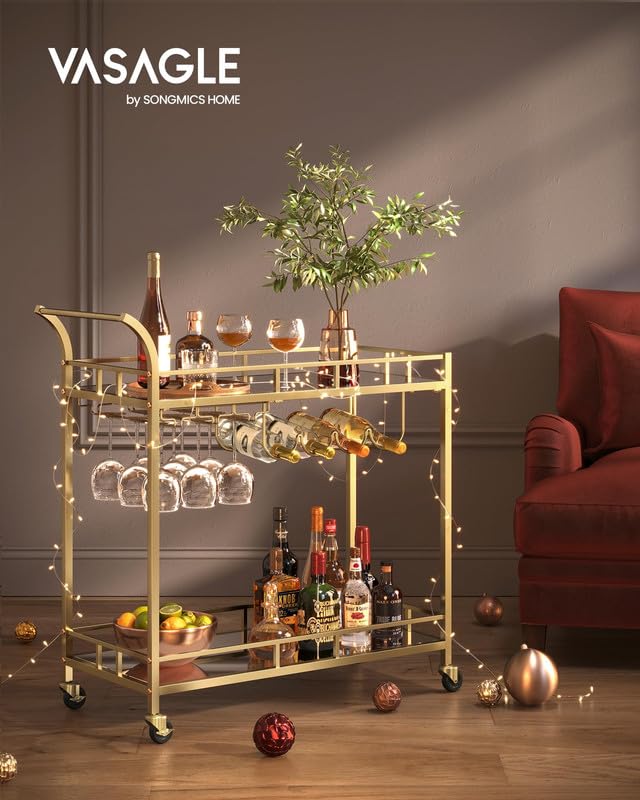 Vasagle Bar Cart Gold, Home Bar Serving Cart, Wine Cart with 2 Mirrored Shelves, Wine Holders, Glass Holders, for Kitchen, Dining Room, Gold