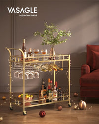 Thumbnail for Vasagle Bar Cart Gold, Home Bar Serving Cart, Wine Cart with 2 Mirrored Shelves, Wine Holders, Glass Holders, for Kitchen, Dining Room, Gold