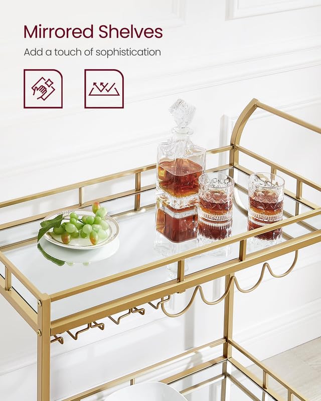 Vasagle Bar Cart Gold, Home Bar Serving Cart, Wine Cart with 2 Mirrored Shelves, Wine Holders, Glass Holders, for Kitchen, Dining Room, Gold