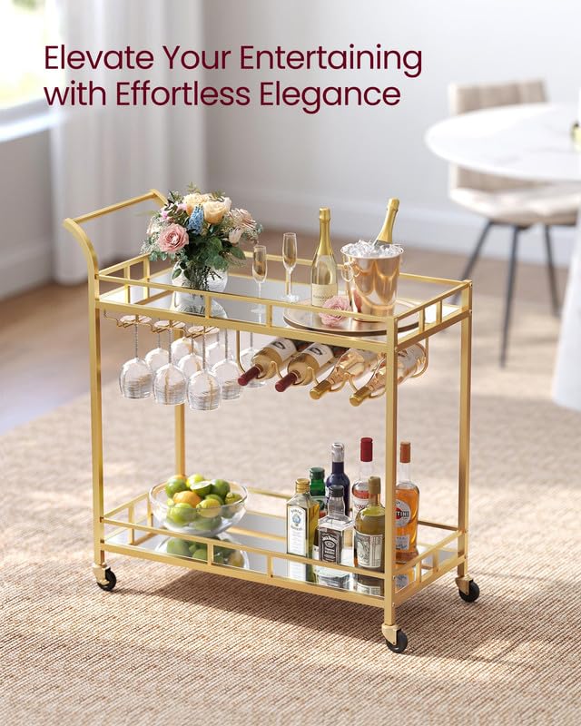 Vasagle Bar Cart Gold, Home Bar Serving Cart, Wine Cart with 2 Mirrored Shelves, Wine Holders, Glass Holders, for Kitchen, Dining Room, Gold