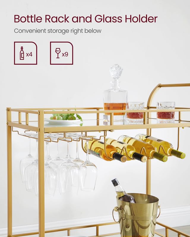 Vasagle Bar Cart Gold, Home Bar Serving Cart, Wine Cart with 2 Mirrored Shelves, Wine Holders, Glass Holders, for Kitchen, Dining Room, Gold