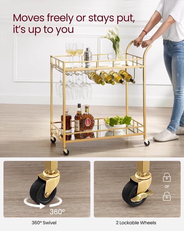 Vasagle Bar Cart Gold, Home Bar Serving Cart, Wine Cart with 2 Mirrored Shelves, Wine Holders, Glass Holders, for Kitchen, Dining Room, Gold