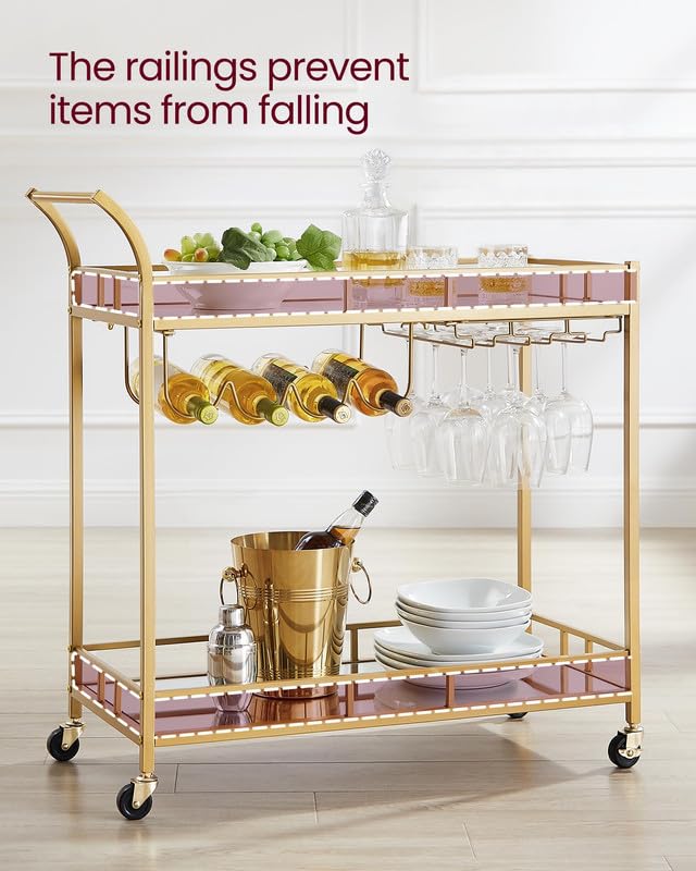 Vasagle Bar Cart Gold, Home Bar Serving Cart, Wine Cart with 2 Mirrored Shelves, Wine Holders, Glass Holders, for Kitchen, Dining Room, Gold