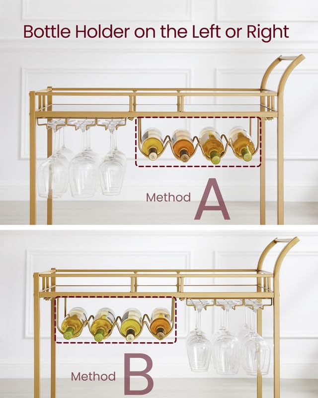 Vasagle Bar Cart Gold, Home Bar Serving Cart, Wine Cart with 2 Mirrored Shelves, Wine Holders, Glass Holders, for Kitchen, Dining Room, Gold