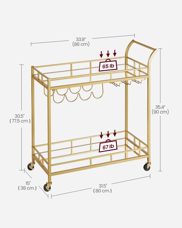 Vasagle Bar Cart Gold, Home Bar Serving Cart, Wine Cart with 2 Mirrored Shelves, Wine Holders, Glass Holders, for Kitchen, Dining Room, Gold