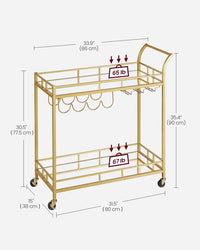 Thumbnail for Vasagle Bar Cart Gold, Home Bar Serving Cart, Wine Cart with 2 Mirrored Shelves, Wine Holders, Glass Holders, for Kitchen, Dining Room, Gold